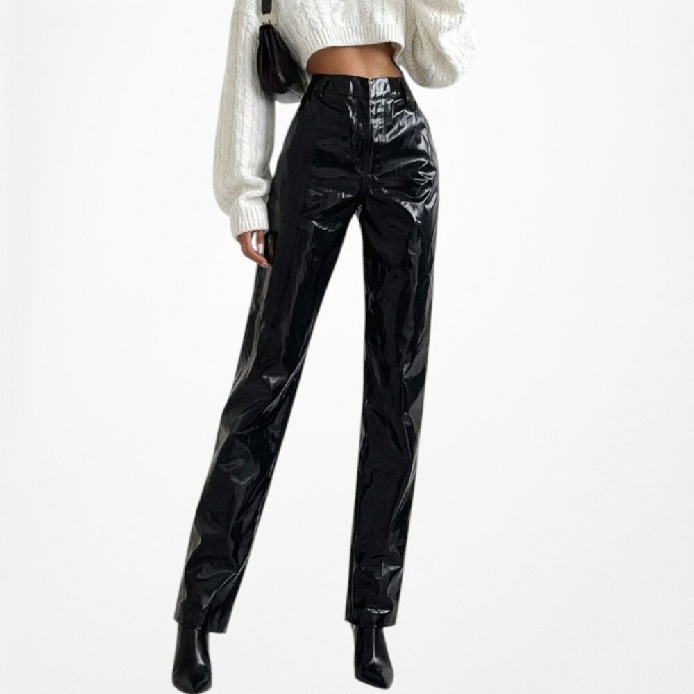 Vintage Black Patent Faux Leather High Waisted Cropped Tapered Leg Pants XS/S
